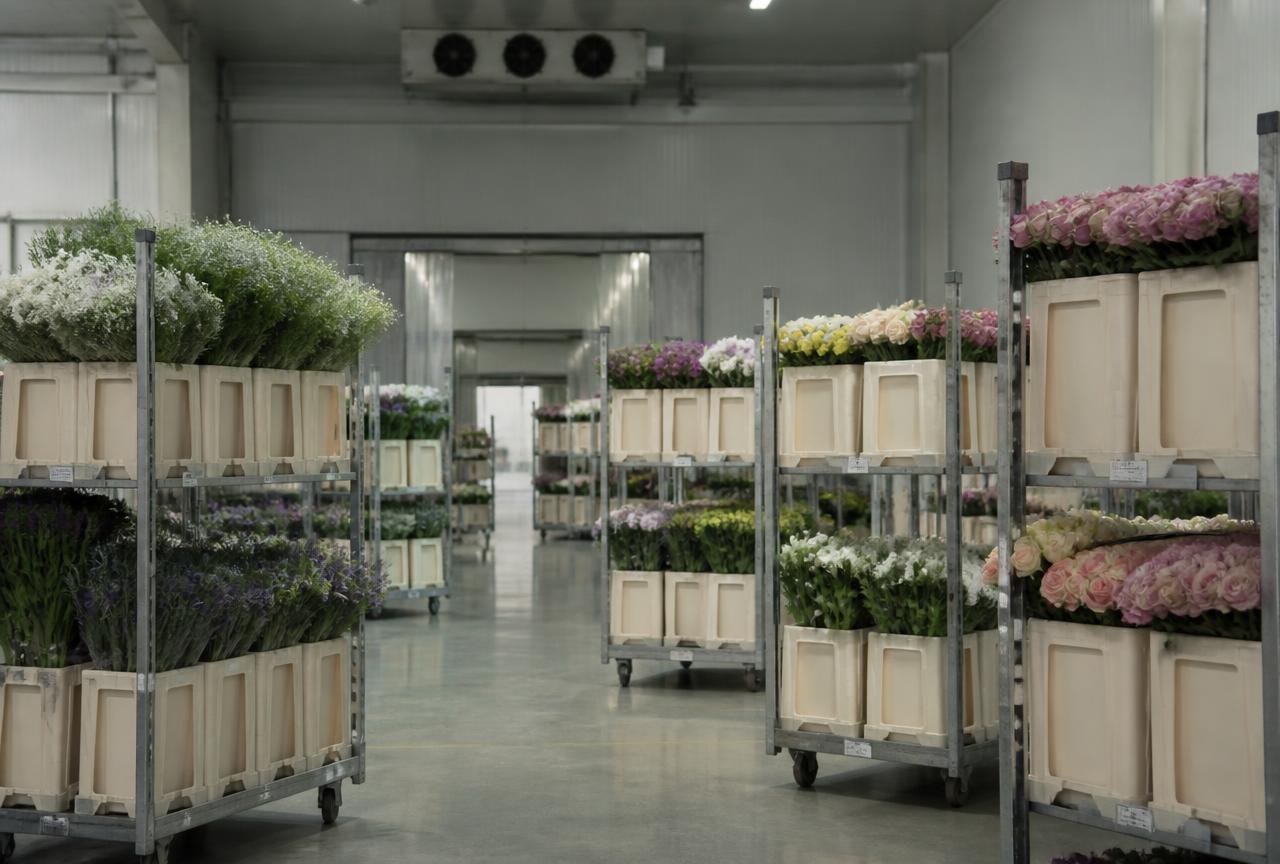 Cut flowers on trolleys inside a cold-chain distribution hall