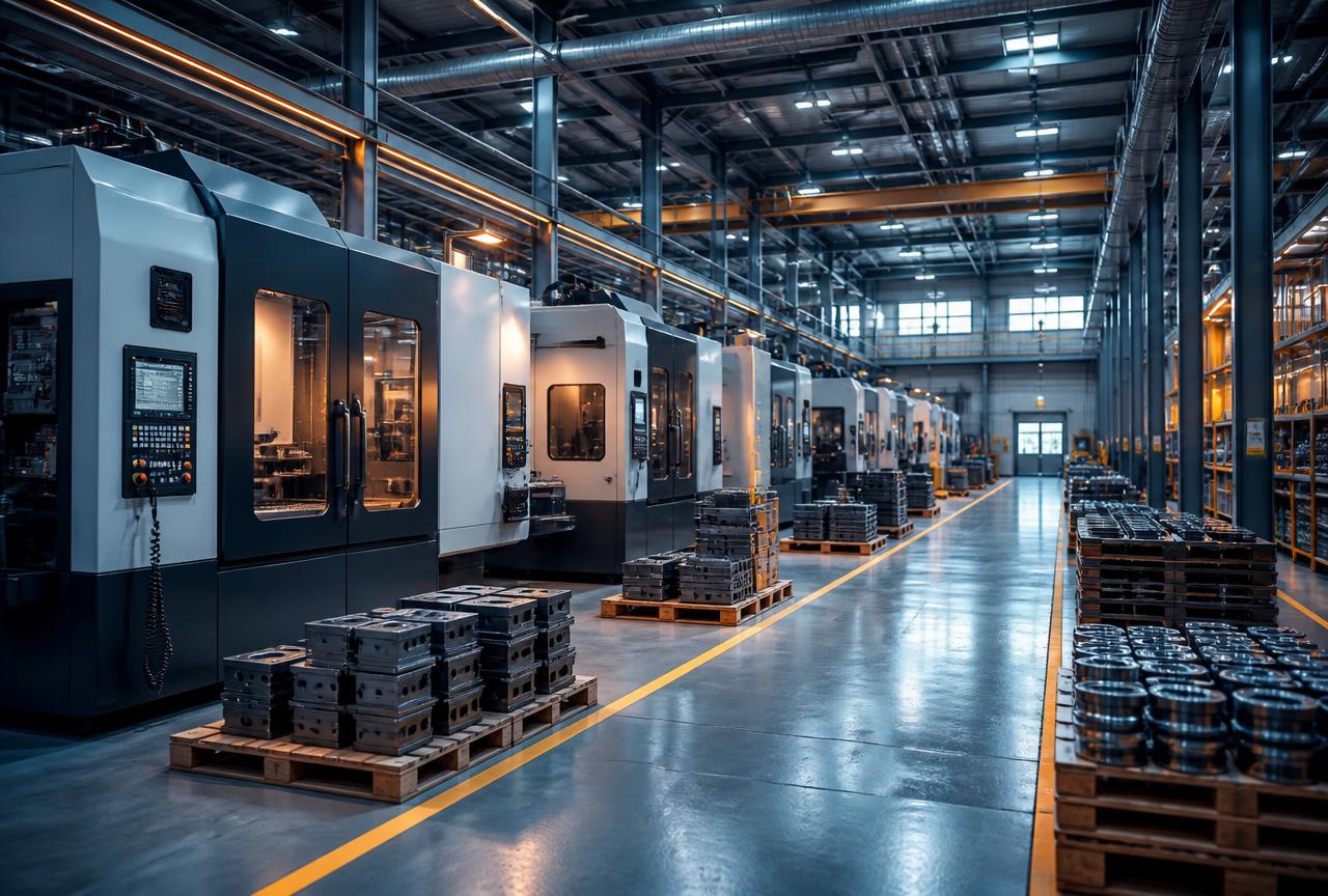 Modern manufacturing hall with CNC machining centres and staged pallets